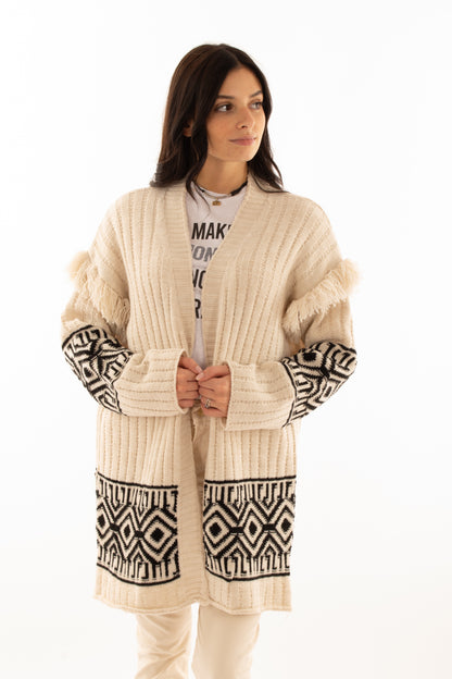 Cardigan aperto con frange Susy mix Elitè -Burro