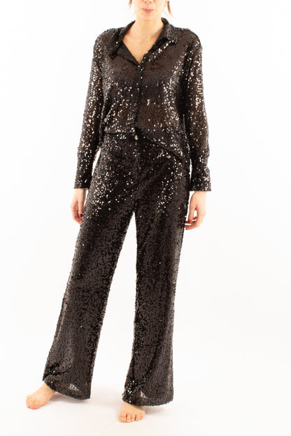 Pantalone a palazzo in paillettes Susy mix - Nero