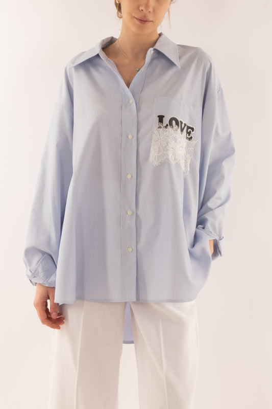 Camicia mille righe con scritte da Donna - Dixie - Celeste