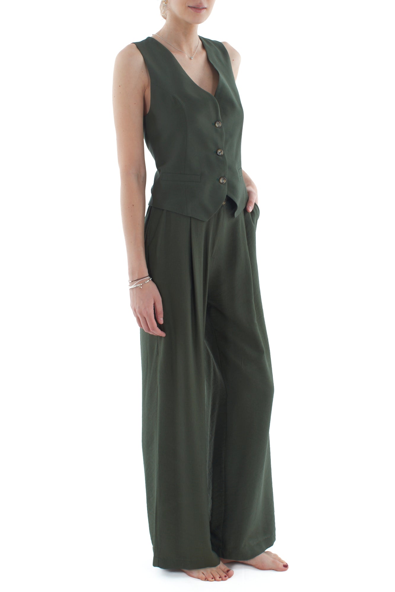 Completo gilet e pantalone palazzo da Donna Dixie - Verde militare