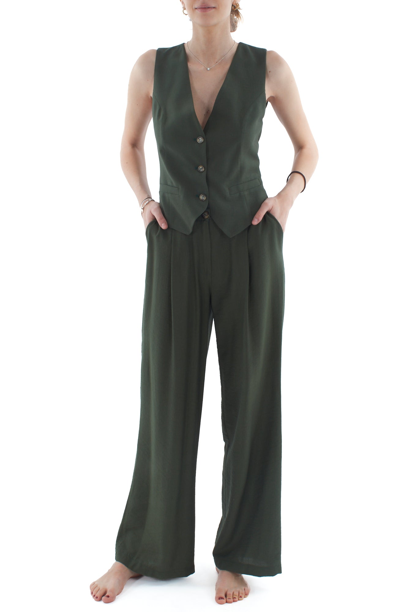 Completo gilet e pantalone palazzo da Donna Dixie - Verde militare