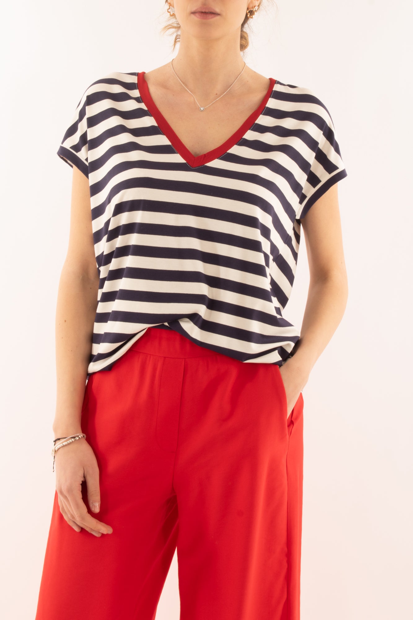 T-shirt a v rigata da Donna Dixie - Blu