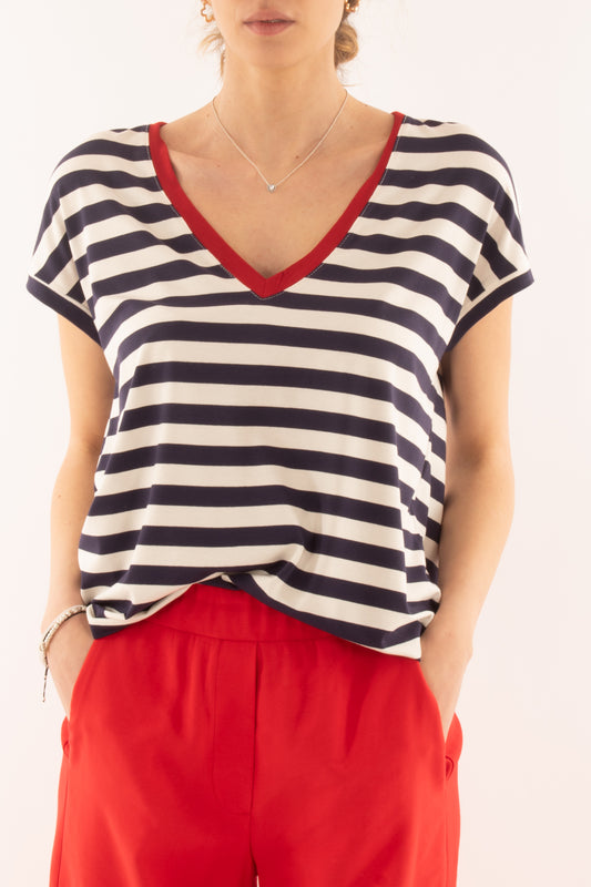 T-shirt a v rigata da Donna Dixie - Blu