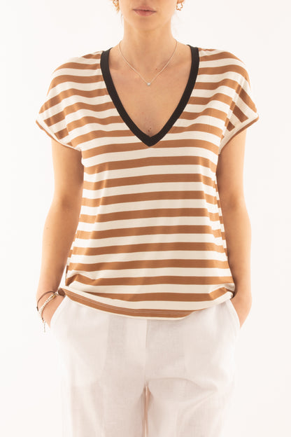 T-shirt a v rigata da Donna Dixie - Tabacco
