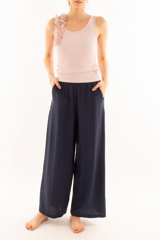 Pantalone a palazzo in lino e viscosa da Donna Metoo - Blu