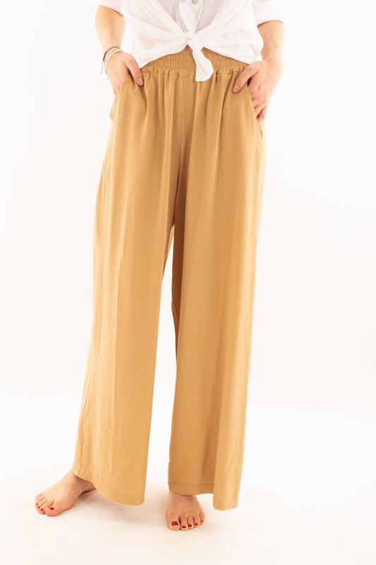 Pantalone a palazzo in lino e viscosa da Donna Metoo - Sabbia
