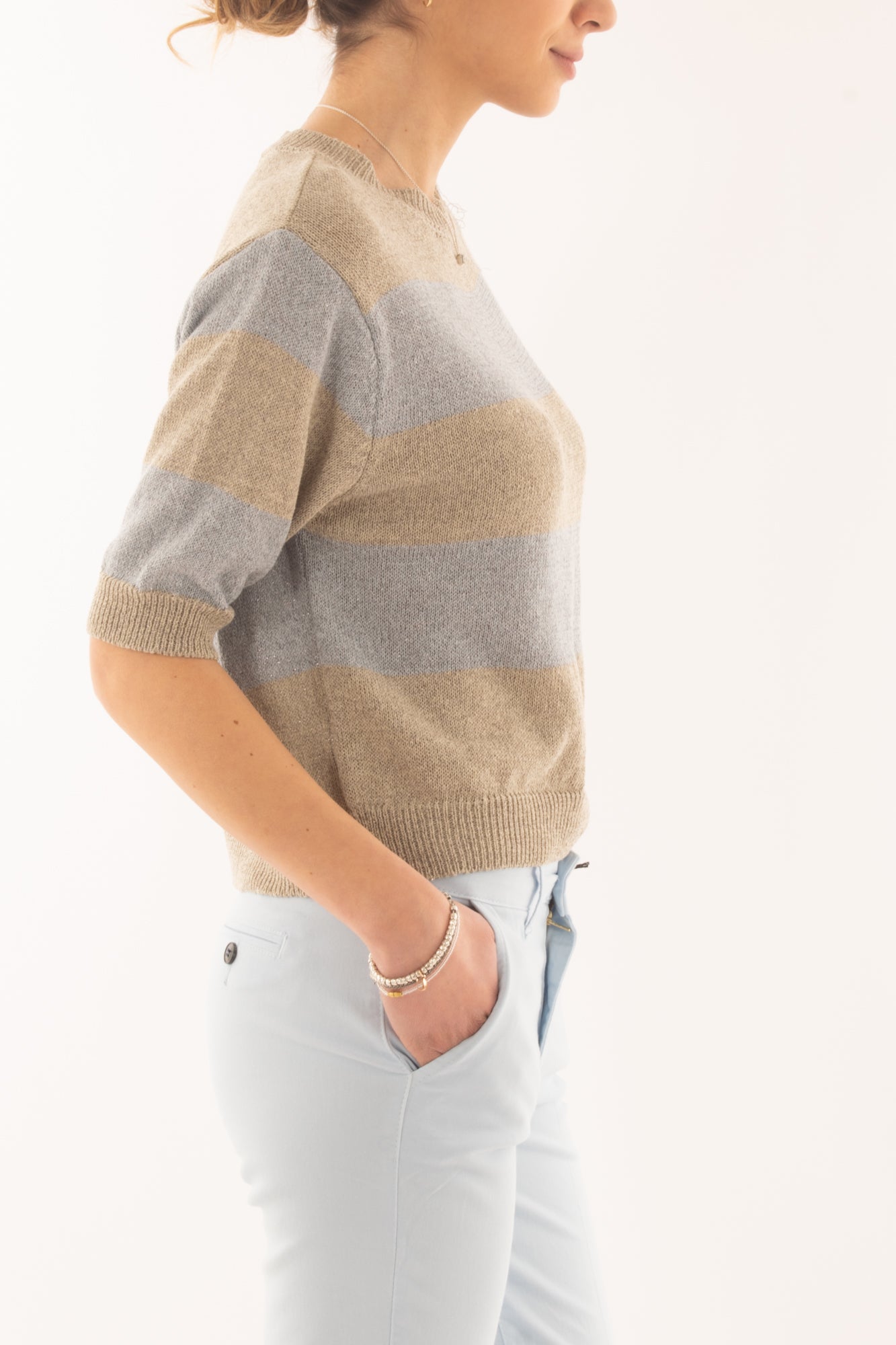 Maglia mezza manica rigata da Donna Metoo - Celeste