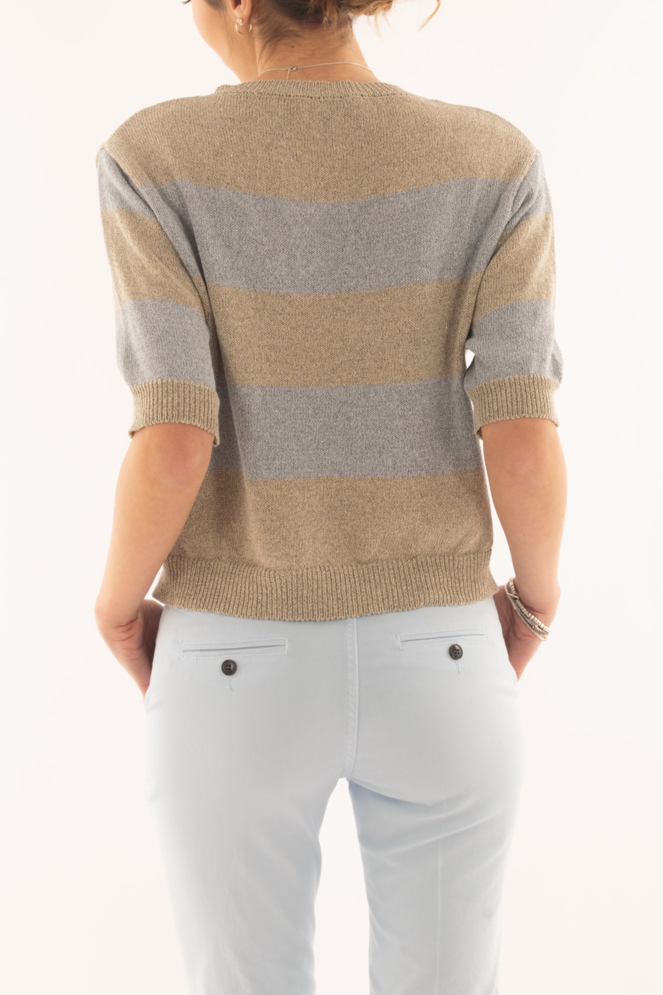Maglia mezza manica rigata da Donna Metoo - Celeste
