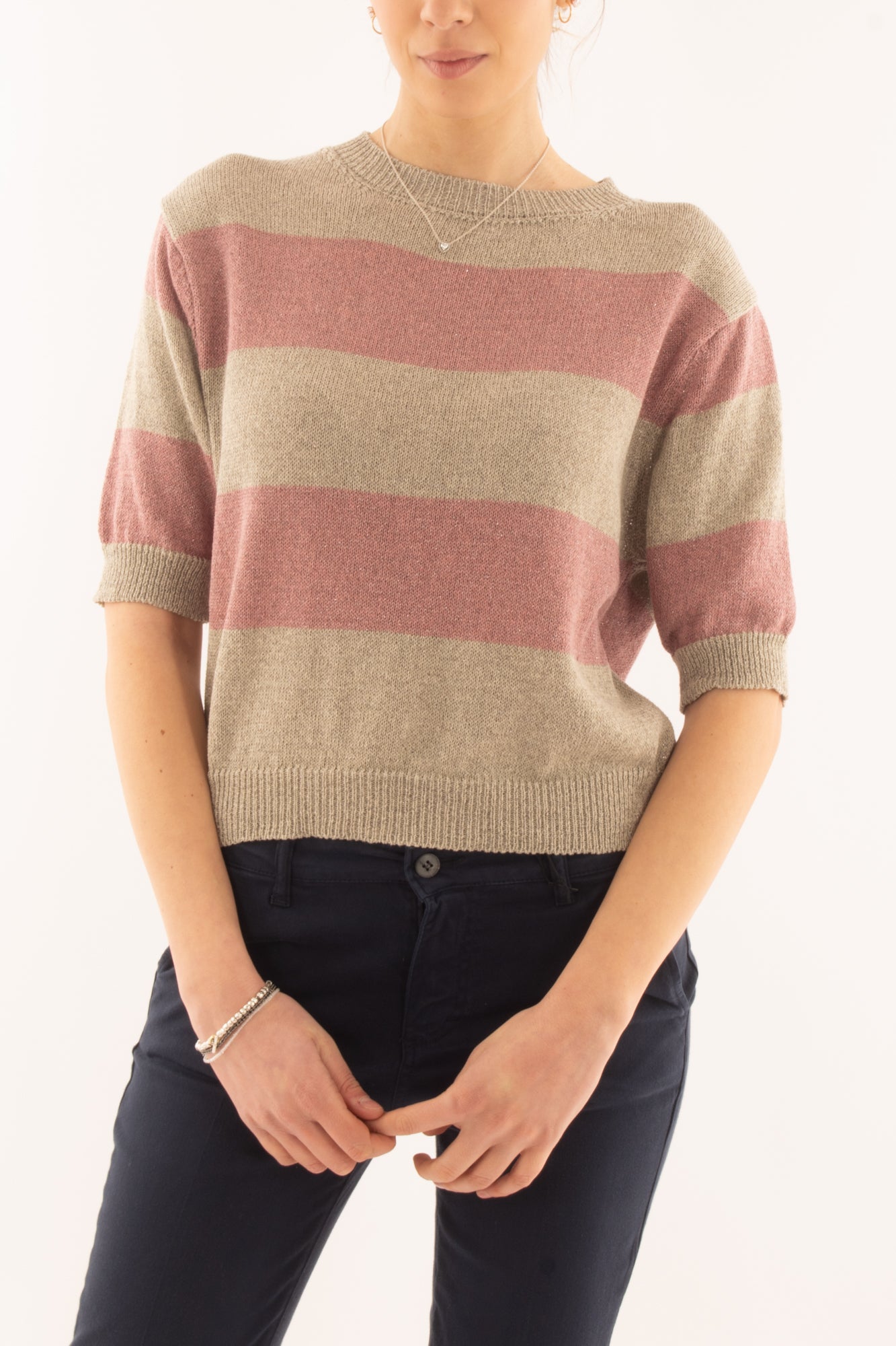 Maglia mezza manica rigata da Donna Metoo - Rosa