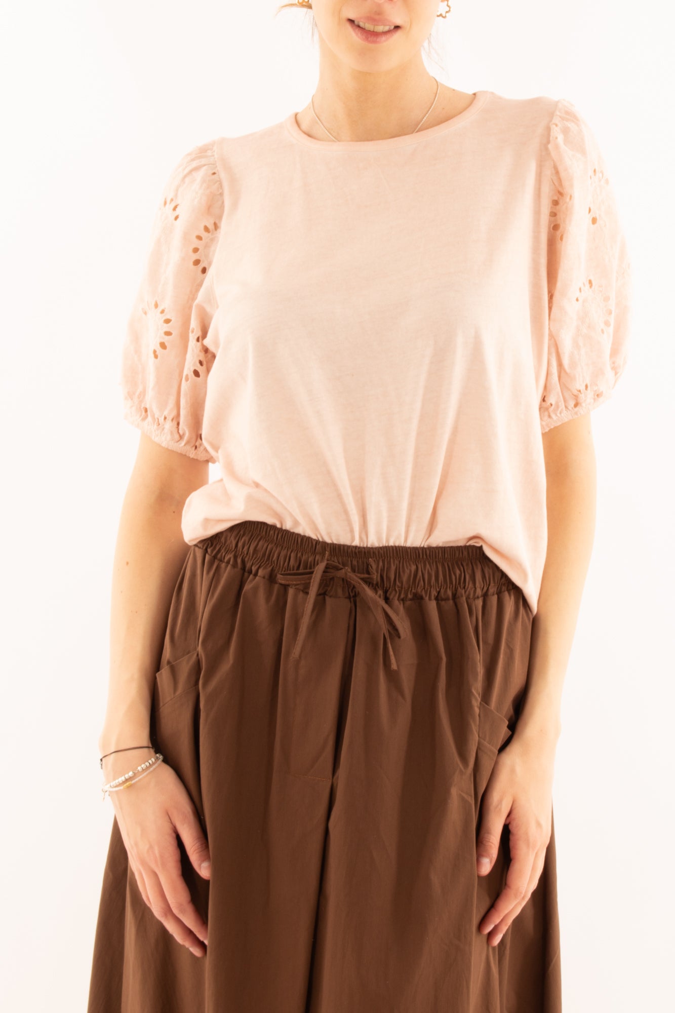 Maglia con maniche in pizzo san gallo da Donna Metoo- Rosa