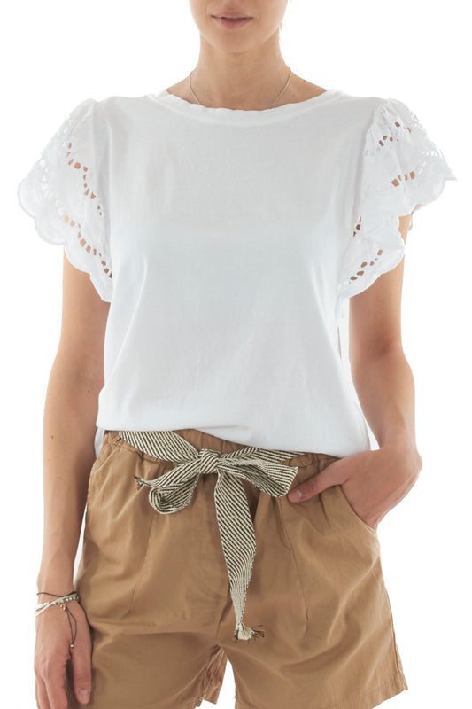 T-shirt con manica in pizzo san gallo da Donna Metoo - Bianco