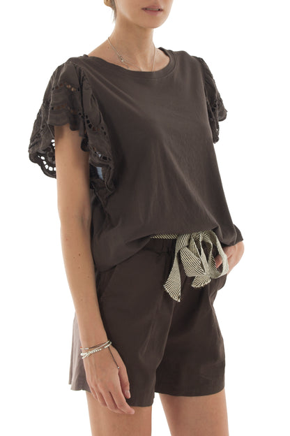 T-shirt con manica in pizzo san gallo da Donna Metoo - Moro