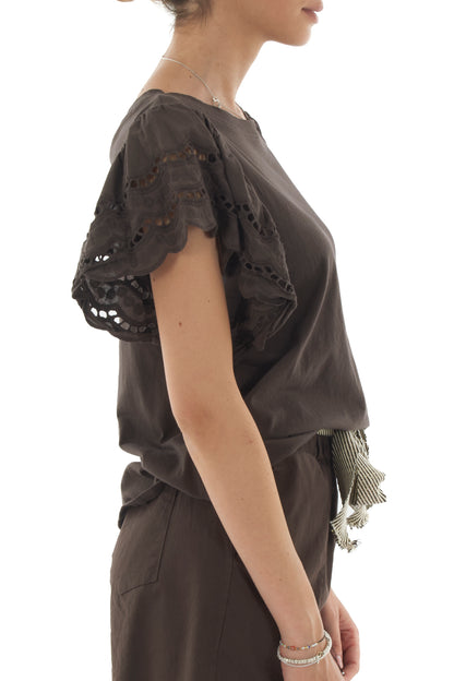 T-shirt con manica in pizzo san gallo da Donna Metoo - Moro