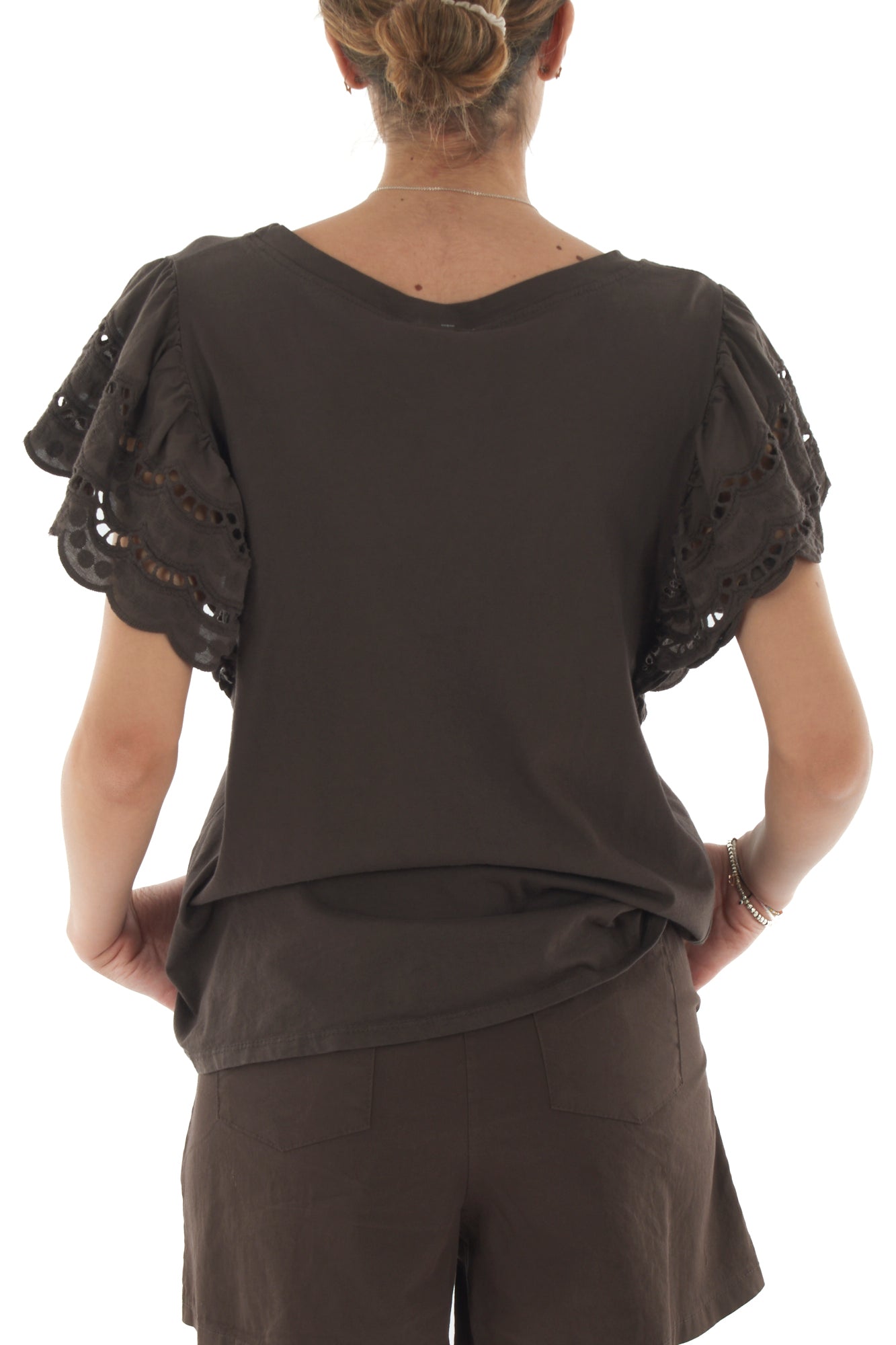 T-shirt con manica in pizzo san gallo da Donna Metoo - Moro