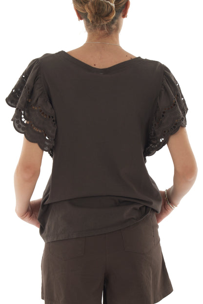 T-shirt con manica in pizzo san gallo da Donna Metoo - Moro