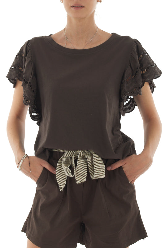 T-shirt con manica in pizzo san gallo da Donna Metoo - Moro