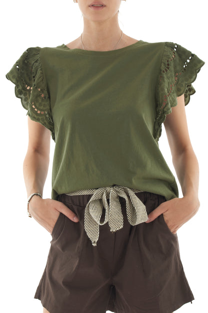 METOO T-shirt con manica in pizzo san gallo da Donna Metoo - Verde Verde