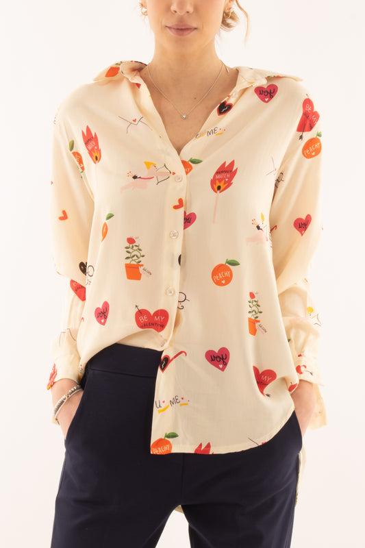 Camicia con cuori in viscosa da Donna Metoo - Crema
