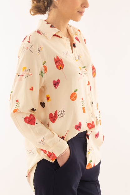 Camicia con cuori in viscosa da Donna Metoo - Crema
