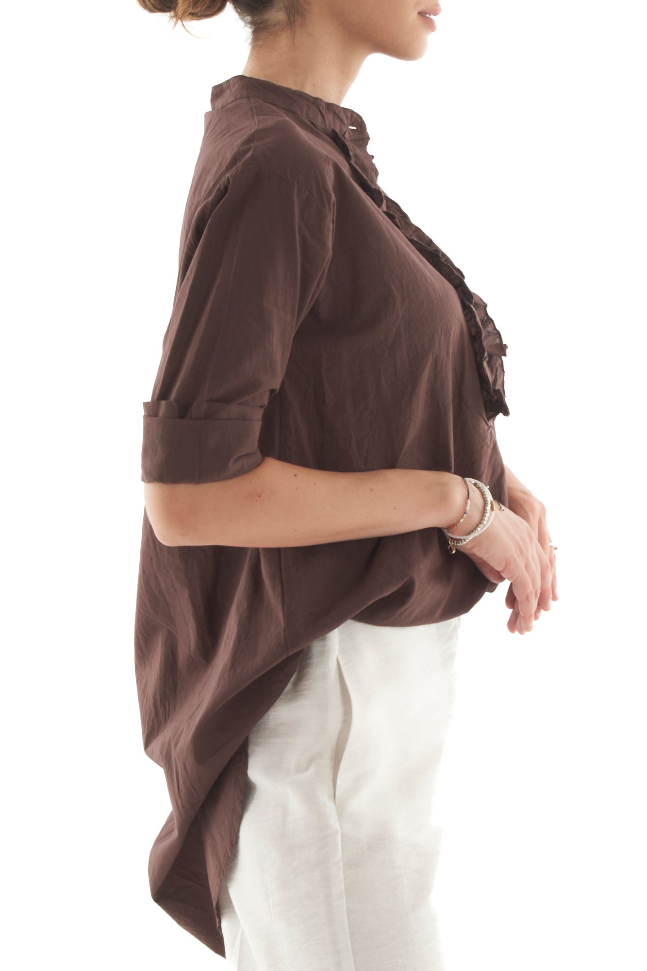 Camicia lunga con voilà da Donna Metoo- Tabacco