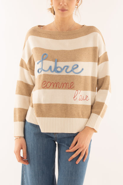 Maglia rigata con scritta da Donna Motel - Sabbia