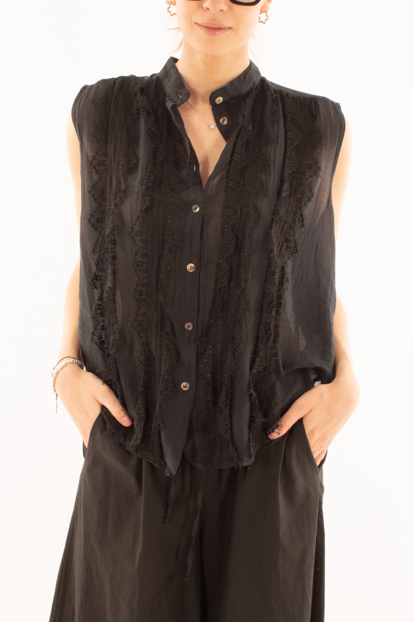 Camicia misto seta con pizzo da Donna Souvenir - Nero