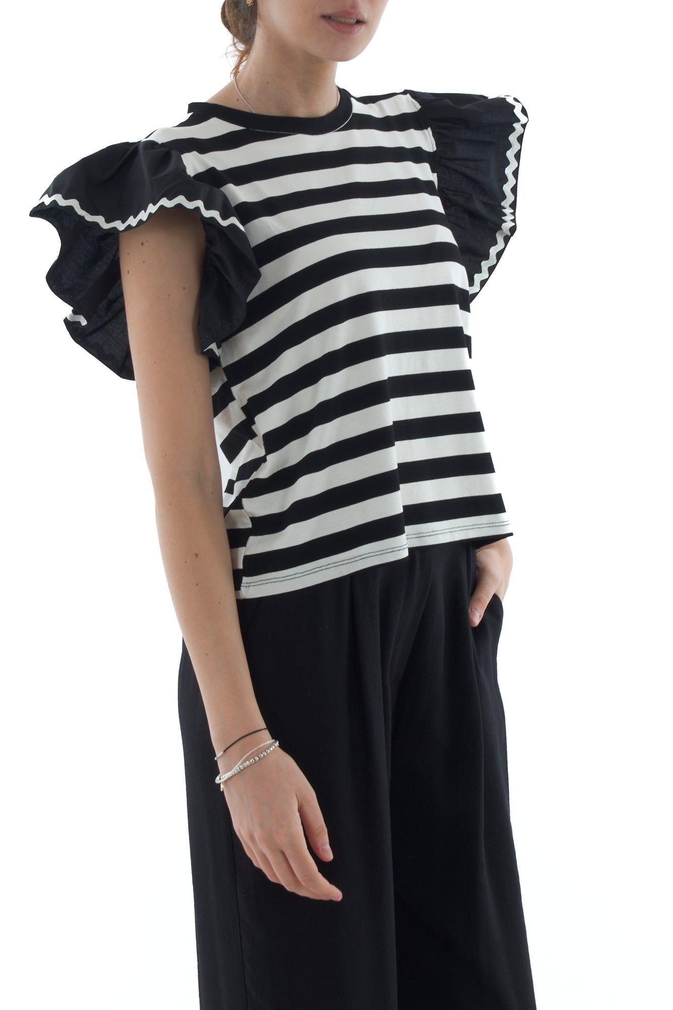 T-shirt rigata con voila' da Donna Susy mix - Nero