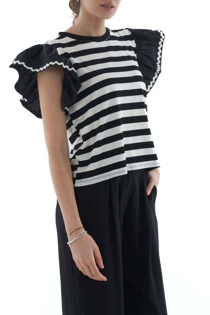 T-shirt rigata con voila' da Donna Susy mix - Nero