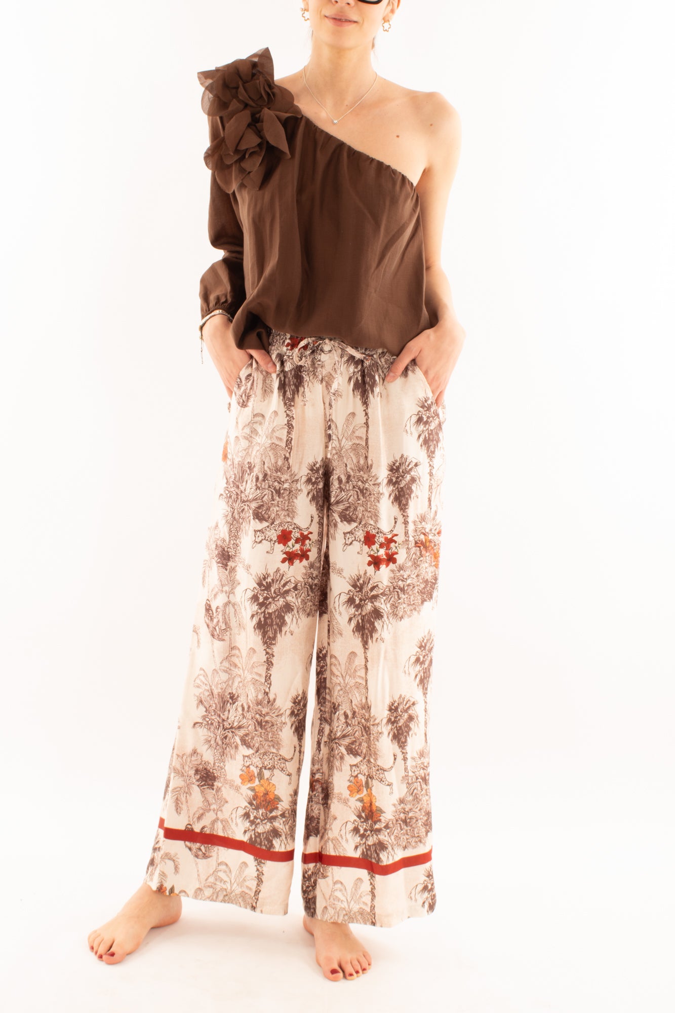 SUSY MIX pantalone a palazzo con palme da Donna Susy mix - Sabbia Sabbia