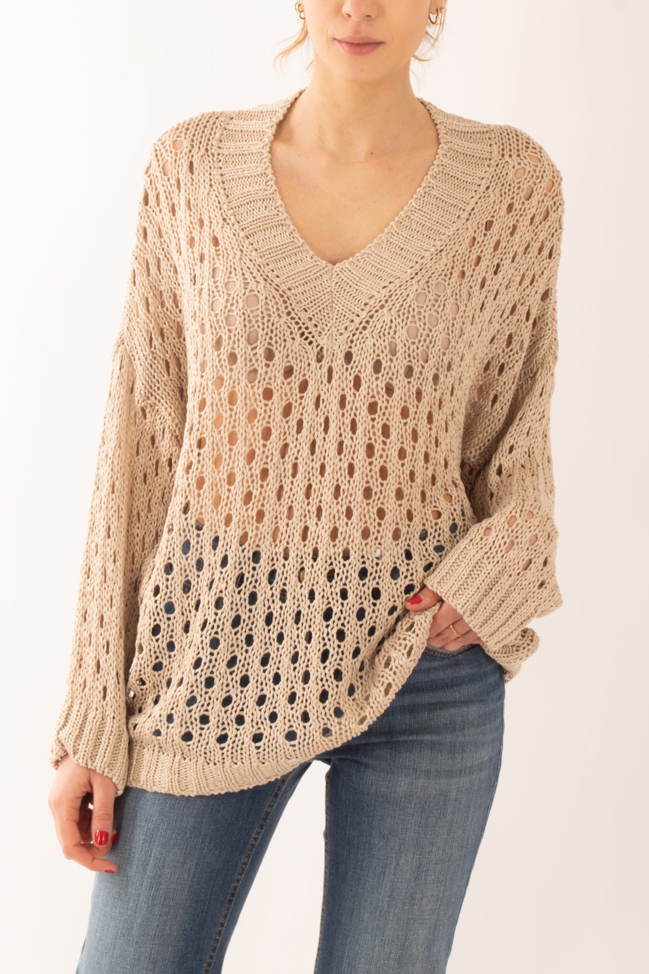 Maglia lunga traforata da Donna Susy mix - Beige