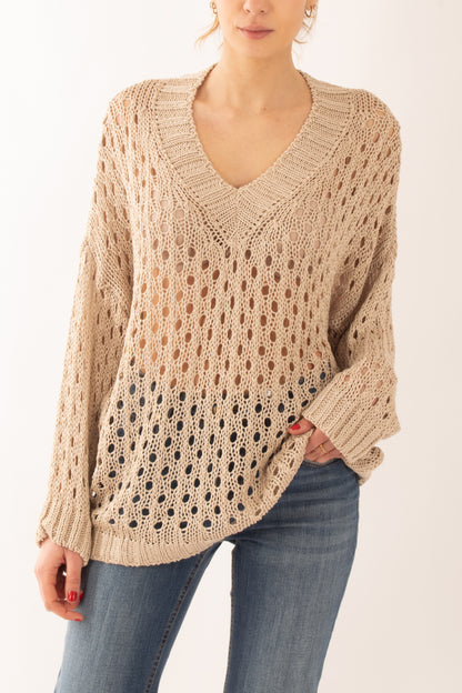 Maglia lunga traforata da Donna Susy mix - Beige
