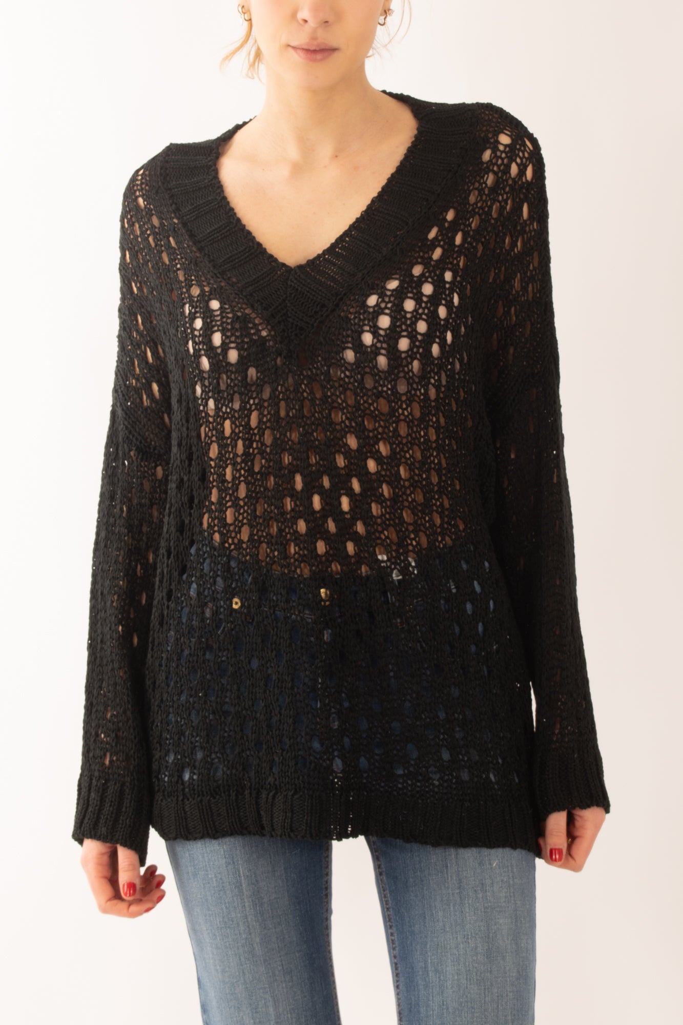 Maglia lunga traforata da Donna Susy mix - Nero