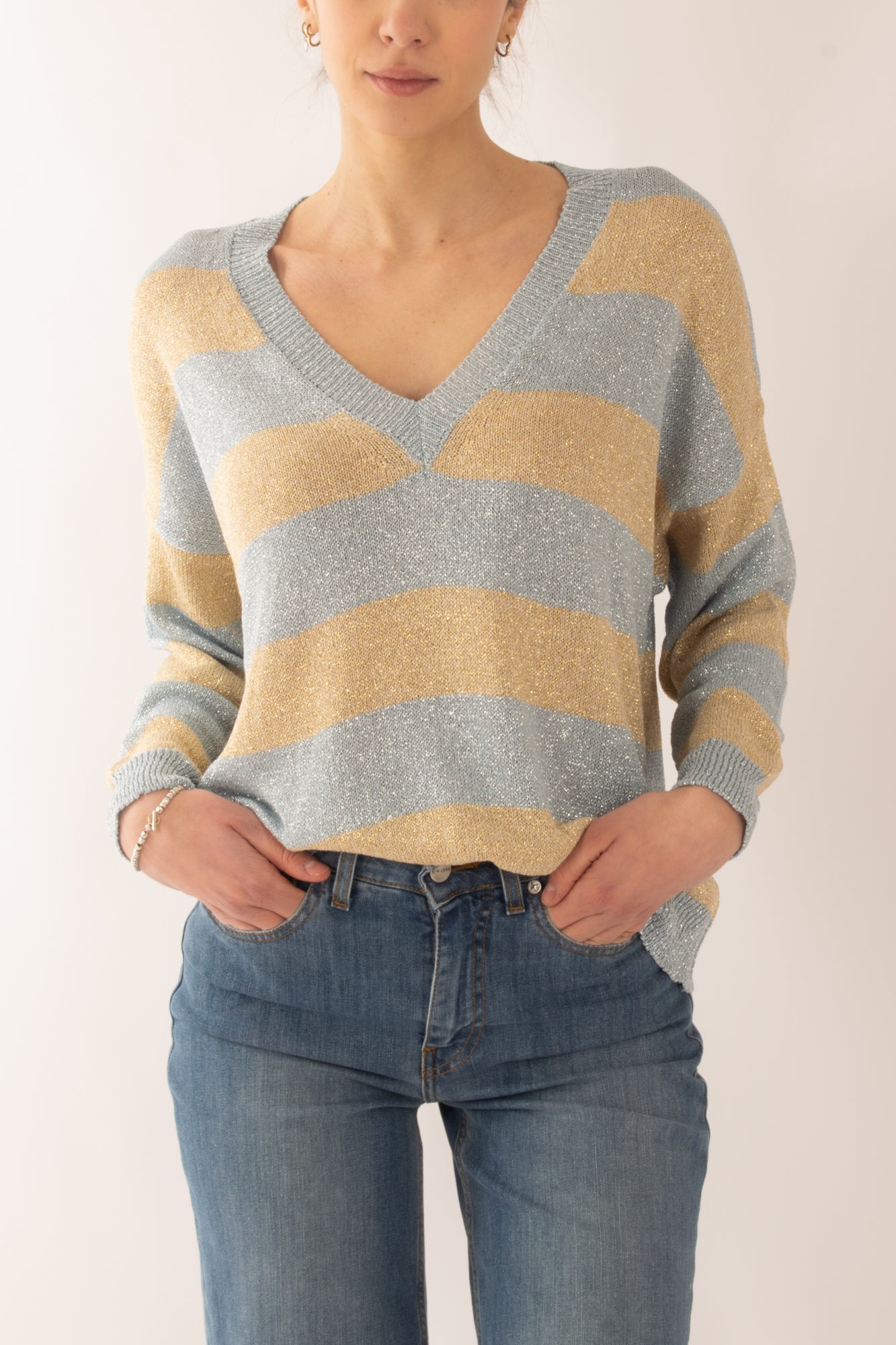 Maglia a v con lurex da Donna Susy mix - Celeste