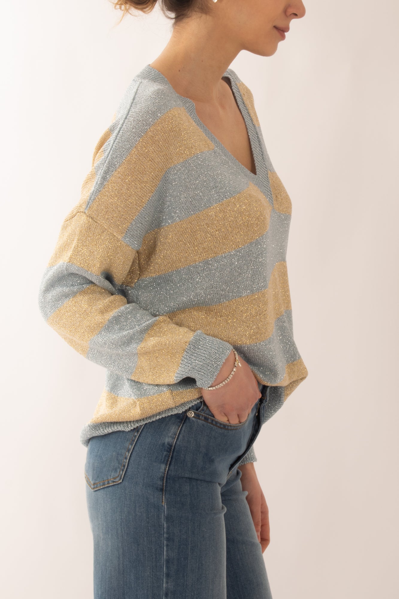 Maglia a v con lurex da Donna Susy mix - Celeste