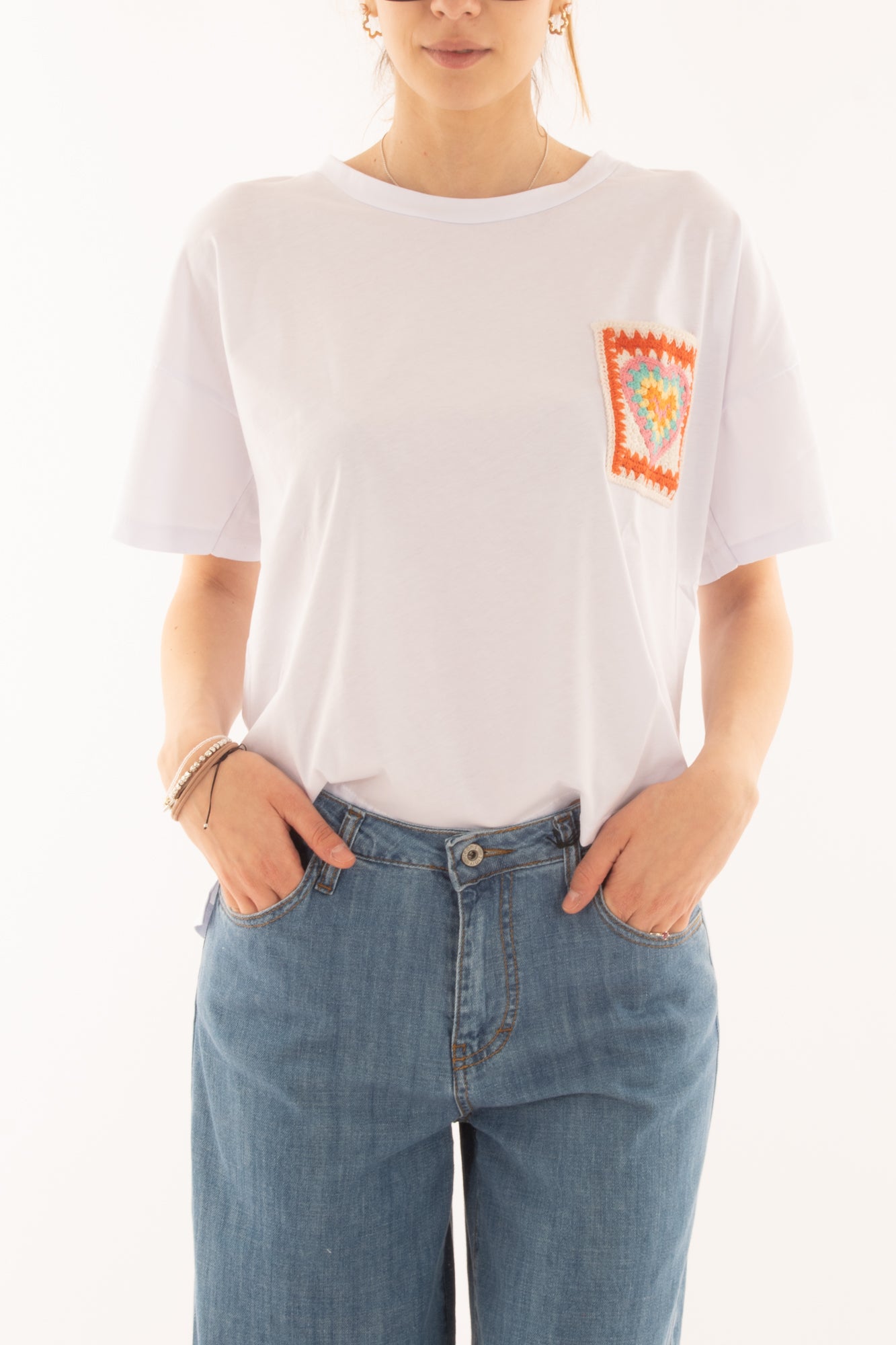 T-shirt con tachino ad uncinetto da Donna Susy mix - Bianco