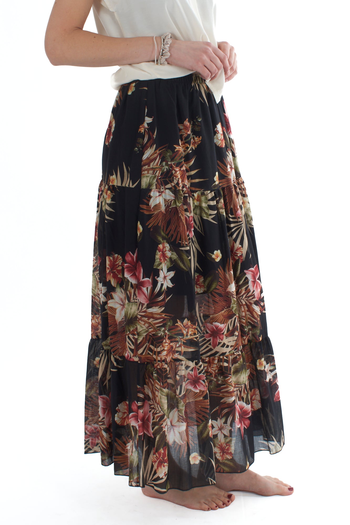 Gonna lunga floreale da Donna - Nero