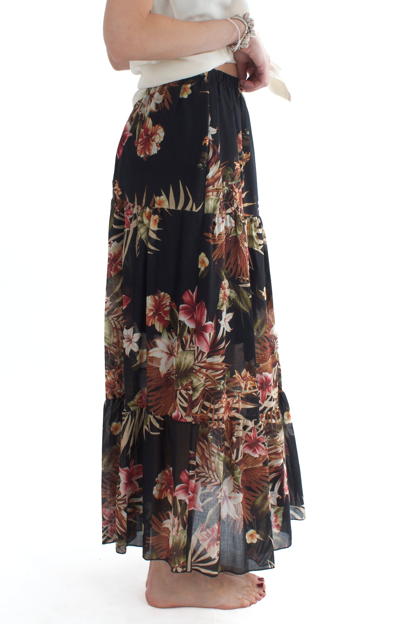 Gonna lunga floreale da Donna - Nero