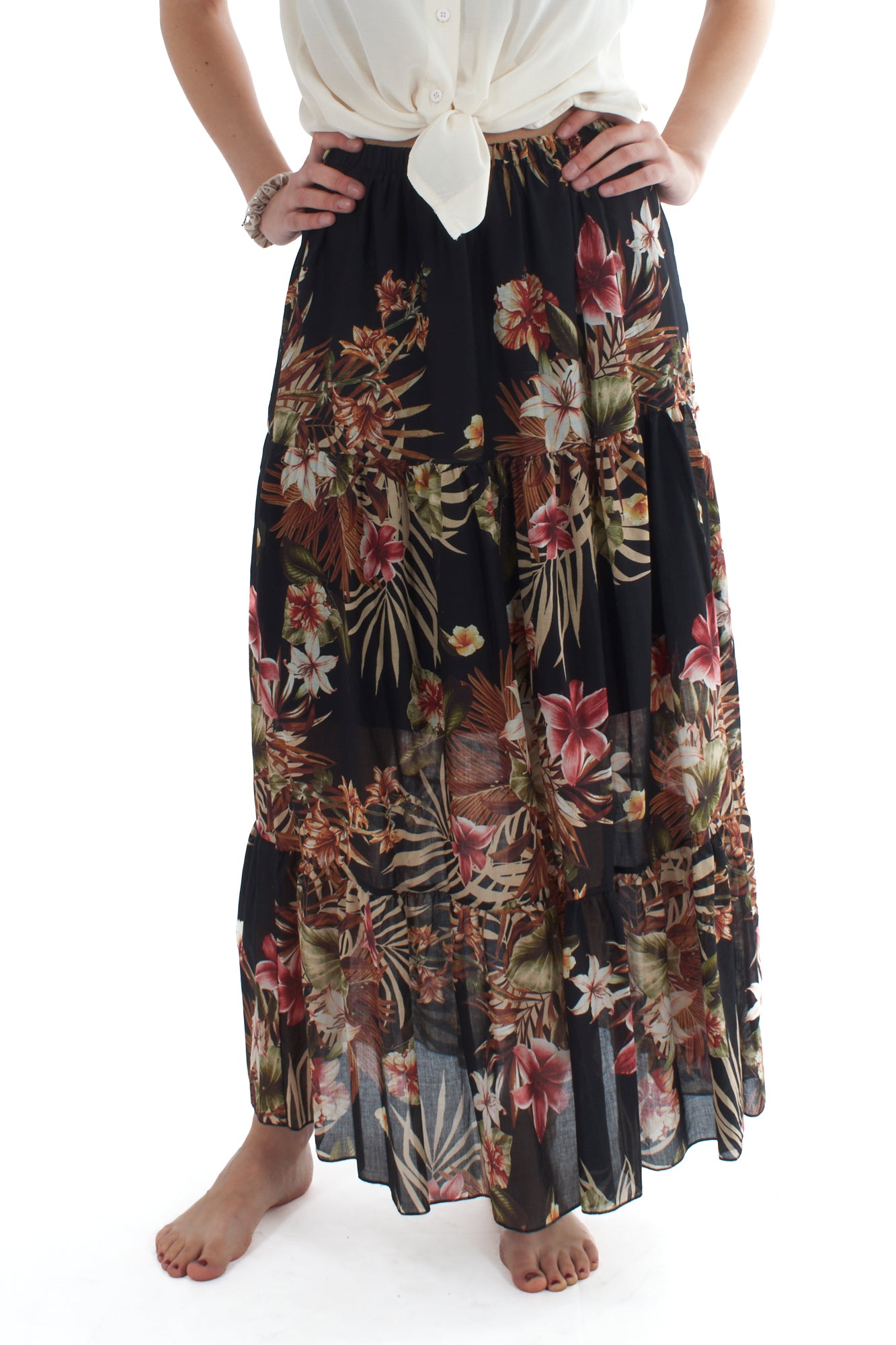 Gonna lunga floreale da Donna - Nero