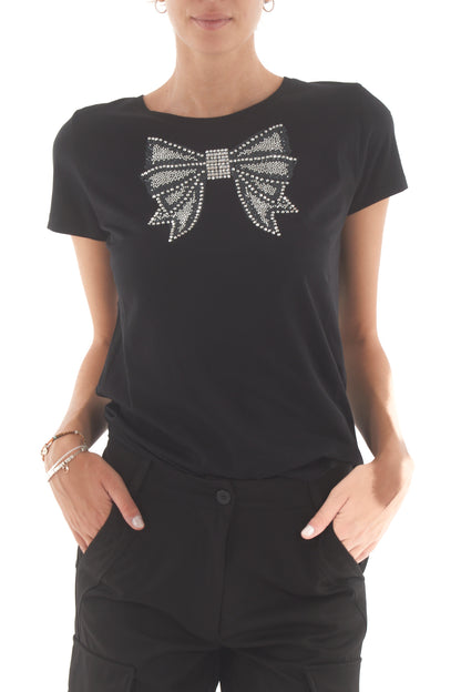 T-shirt con fiocco strass Susy mix - Nero