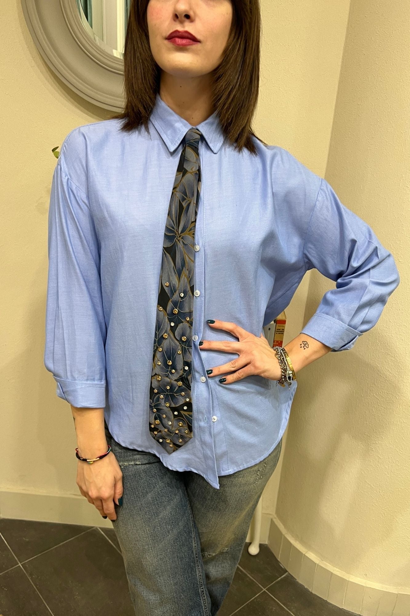 DIXIE Camicia con cravatta vintage Dixie Celeste