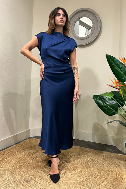 Abito in satin con drappeggio Blu Imperial