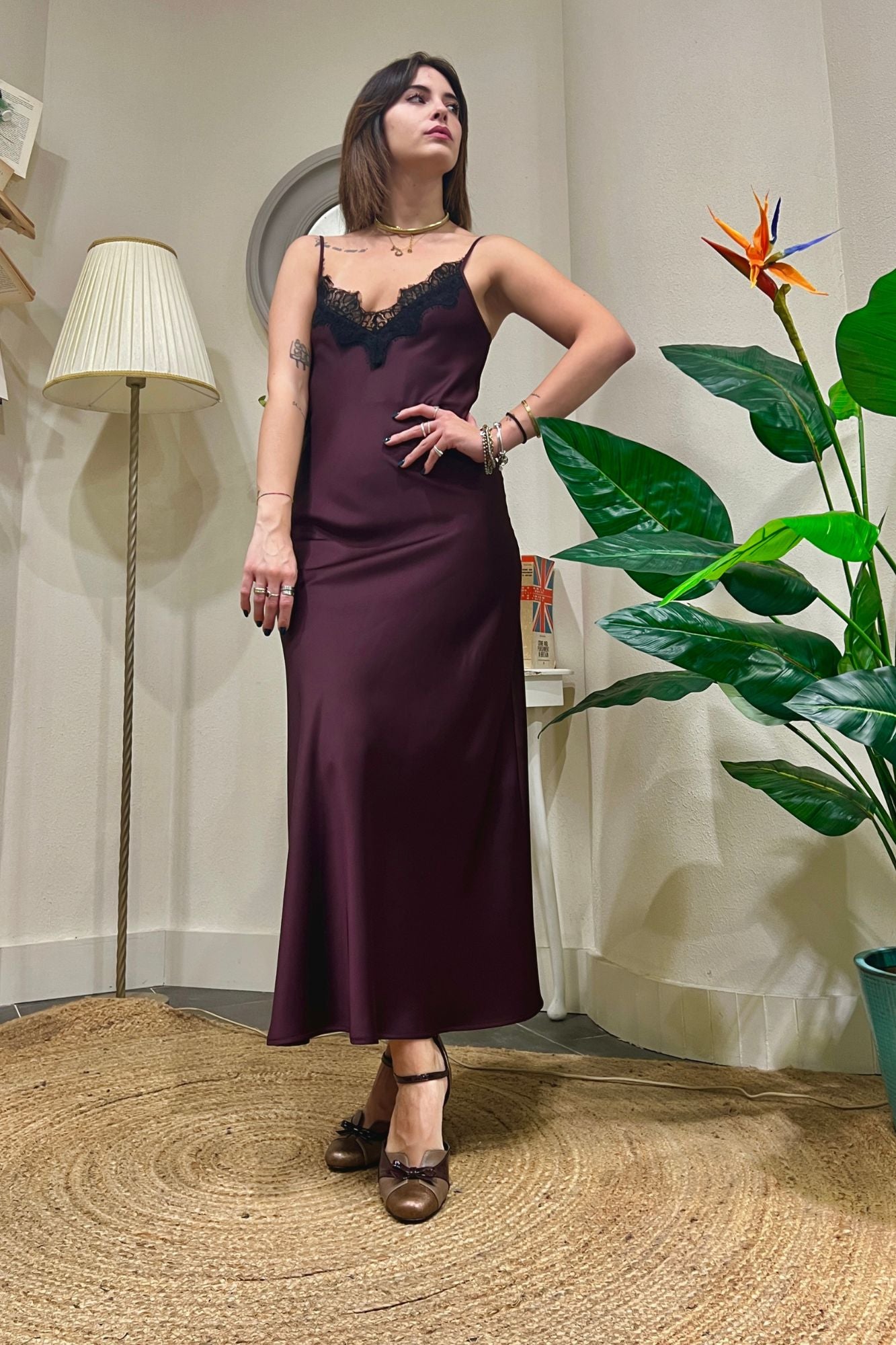 IMPERIAL Abito in satin e pizzo Imperial Prugna