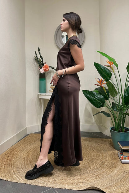 MOTEL Abito satin con pizzo Motel Marrone