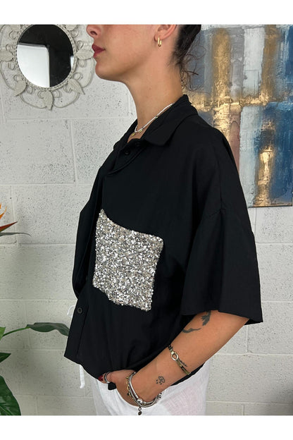 DIXIE Camicia con taschino di paillettes Nero