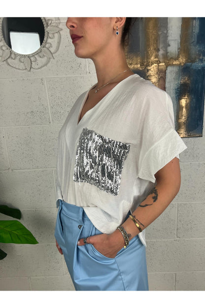 DIXIE Maglia con taschino di paillettes Dixie Bianco