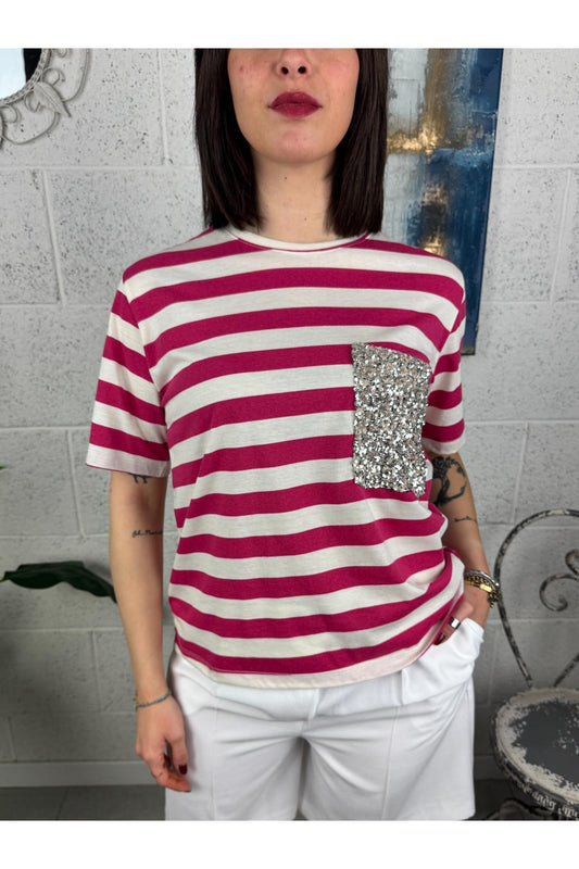 DIXIE T-shirt rigata con taschino di paillettes Dixie Fucsia