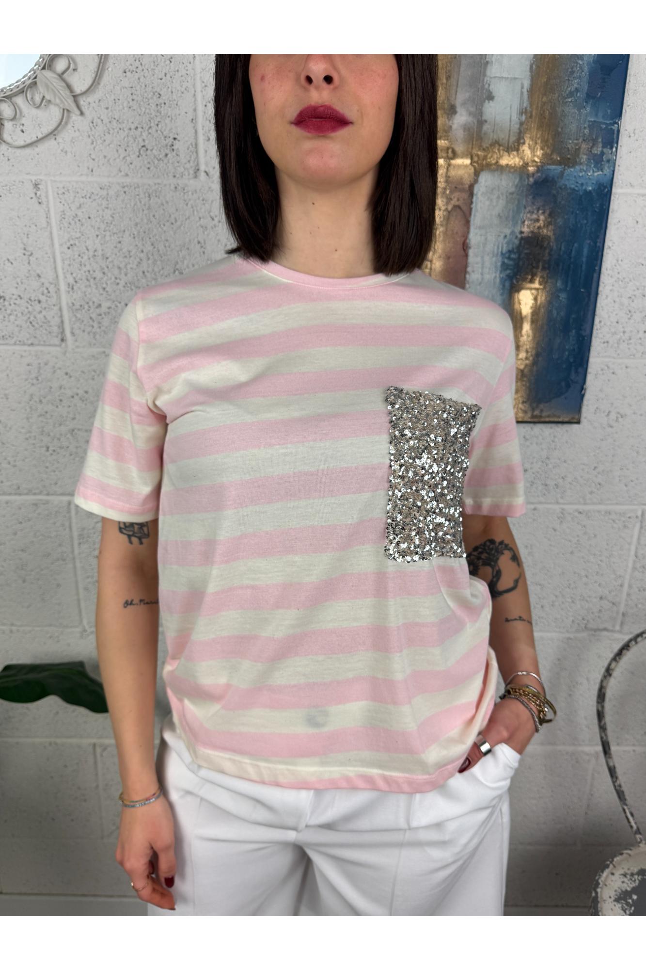 DIXIE T-shirt rigata con taschino di paillettes Dixie Rosa