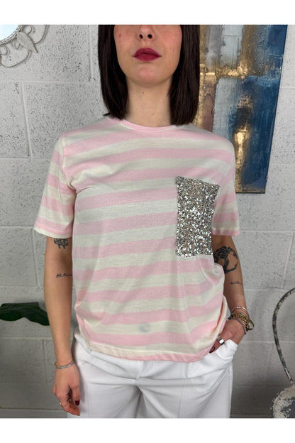 DIXIE T-shirt rigata con taschino di paillettes Dixie Rosa