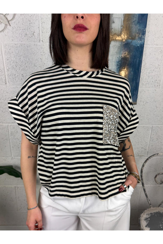 DIXIE T- shirt rigata con taschino di paillettes Dixie Nero
