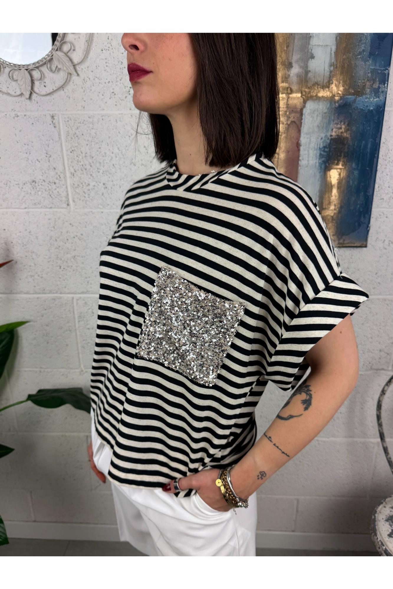 DIXIE T- shirt rigata con taschino di paillettes Dixie Nero